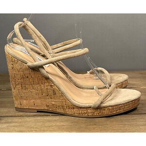 Steve Madden Women's Udell Cork Wedge Sandals Size 9 Beige Suede Strappy